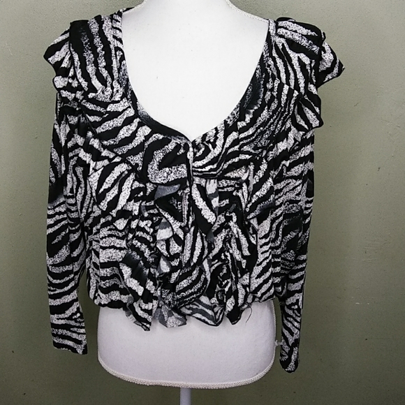 😻 4/$25 Ruffled Front Animal Print Waist Length Blouse NWT - Picture 1 of 8